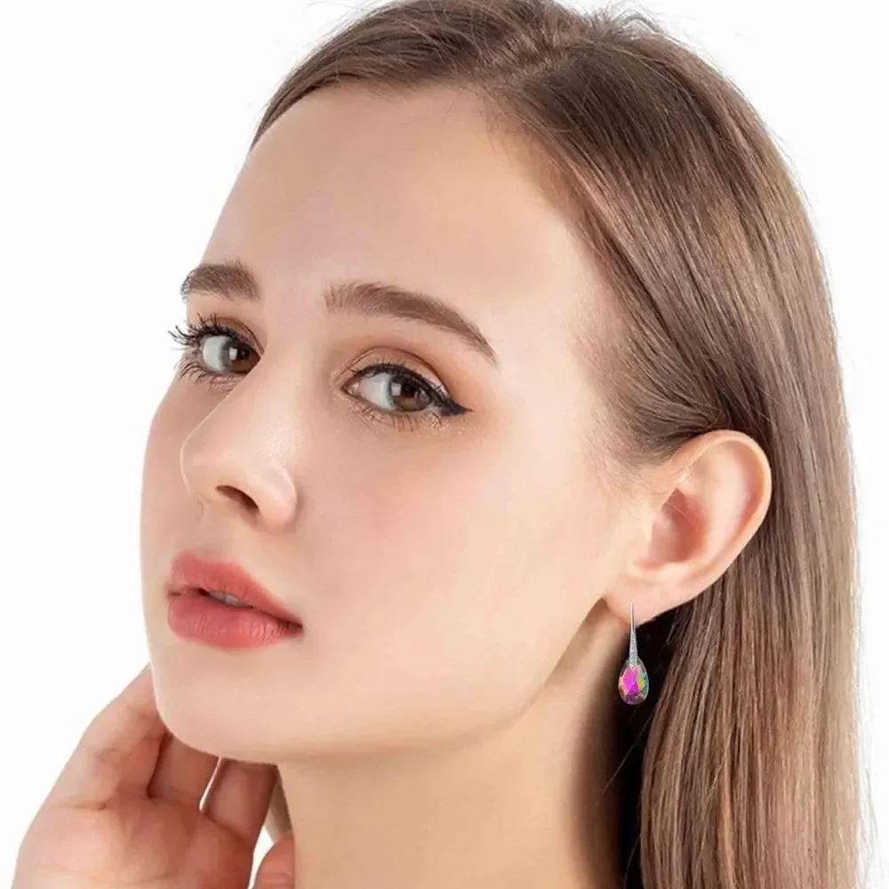 14K White Gold with Vitrail Medium Austrian Crystal Teardrop Drop Hook Earrings